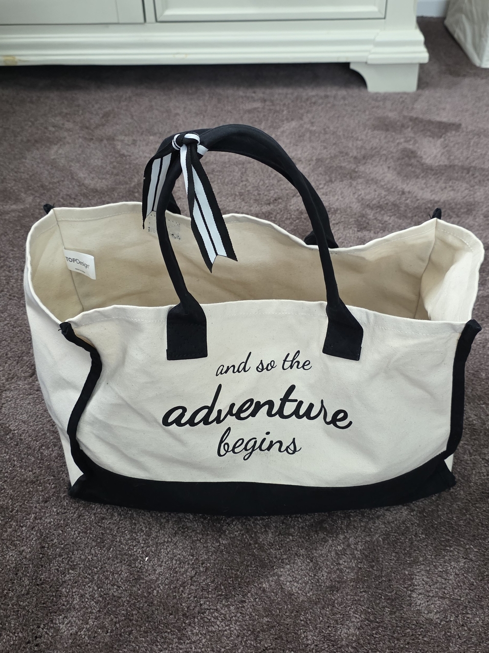 Canvas Tote Bag - 'Adventure' Print in Cream and Black